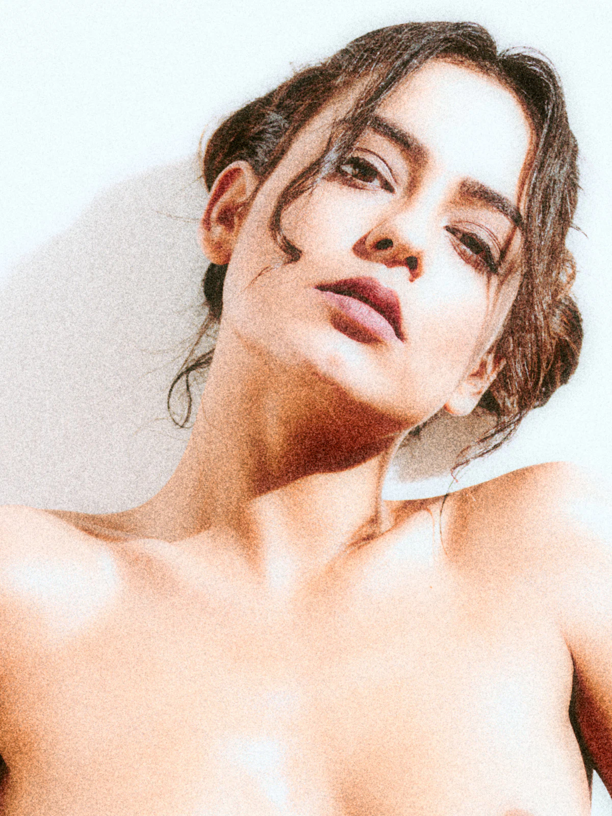 oy Lamore nude high-key wall backdrop – Spanish model explicit pose grain edit art photography Cinaed Dane Barcelona